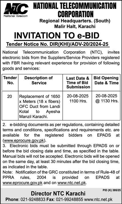 National Telecommunication Corporation Karachi Tender Notice